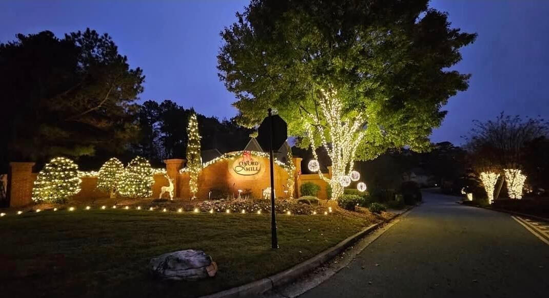 Neighborhood entrance with tree wraps, light spheres and lit shrubs at dusk
