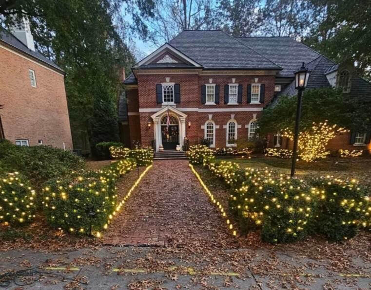 Brick walkway lined with lights and mini-light nets on shrubs